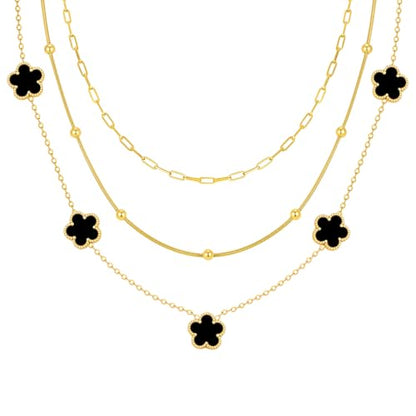 MPRAINBOW Gold Layered Necklace for Women - 3Pcs 18K Gold Plated Floral Necklaces, Stainless Steel Stackable Cuban Link Chain Non Tarnish Trendy Jewelry, Herringbone Chains Christmas Birthday Gifts - color: Black 01