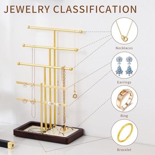 modern T-shaped jewelry rack, jewelry tower, gold metal, square ceramic base decoration display tower, necklace, bracelet, ring storage rack (3-layer wooden pallet black) - style: 3-layer wooden pallet black