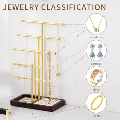 modern T-shaped jewelry rack, jewelry tower, gold metal, square ceramic base decoration display tower, necklace, bracelet, ring storage rack (3-layer wooden pallet black) - style: 3-layer wooden pallet black