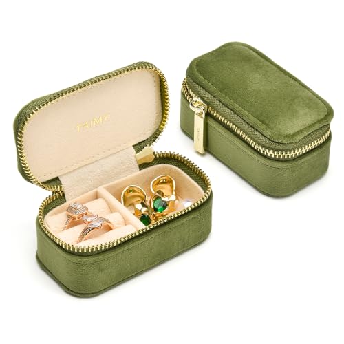 TAIMY Small Travel Jewelry Case, Mini Tiny Plush Velvet Jewelry Box for Women and Girls, Pocket Size Jewelry holder organizer for Rings Earrings and Small Items(Avocado Green) - color: Mini-Avocado Green
