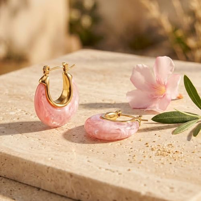 Resin Hoop Earrings for Women Gold Tone Chunky Oval Lightweight Retro Statement Earrings for Daily Wear Party Vacation Gifts - color: magenta