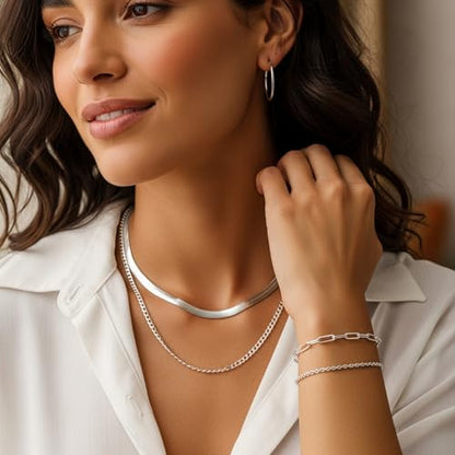 YEEZII 56 Pcs Gold Jewelry Set for Women with 5Pcs Layered Necklace, 5Pcs Layered Necklace, 12 Bracelets, 4 Hoop Earrings, 8 Stackable Rings, 10 hairpins, 12 Studs Earrings Jewerly set for Women - color: Silver