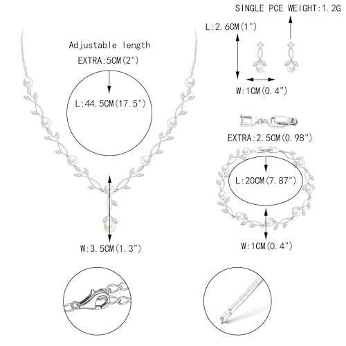 EVER FAITH Cubic Zirconia Pearl Leaf Bridal Jewelry Set for Bride Women | White Wedding Prom Necklace Dangle Earrings Bracelet, for Bridesmaid - color: Pearl_Silver-Plated-Brass