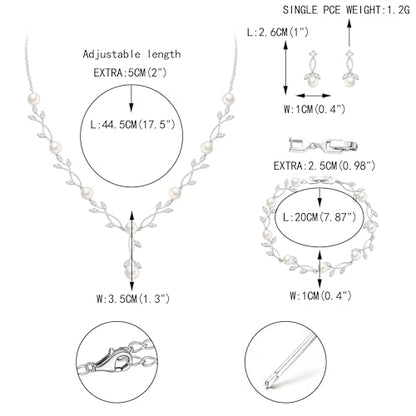 EVER FAITH Cubic Zirconia Pearl Leaf Bridal Jewelry Set for Bride Women | White Wedding Prom Necklace Dangle Earrings Bracelet, for Bridesmaid - color: Pearl_Silver-Plated-Brass