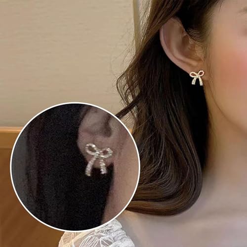 Pearl Bow Earrings for Women Coquette Aesthetic Jewelry Rhinestone Bow Earrings for Bridesmaids Wedding Party Accessories Bridal Costume Accents Bowknot Themed Gifts - color: Q1: Gold Rhinestone Bow Stud