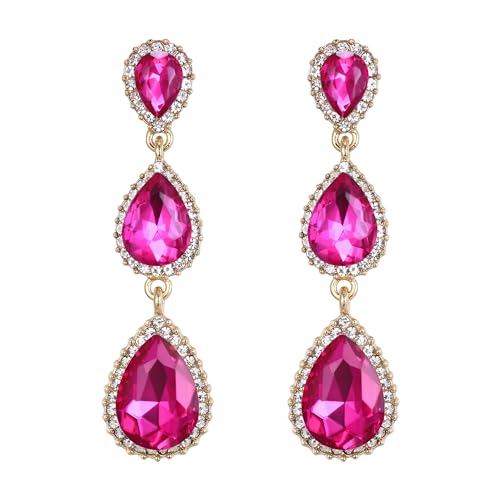 EleQueen Women's Crystal Teardrop Pear Shape 2.5 Inch Long Earrings | Dangle Earrings for Women, TearDrop Crystals Earrings for Bride Bridesmaid, Prom Jewelry for Wedding - color: Hot Pink Gold-Tone