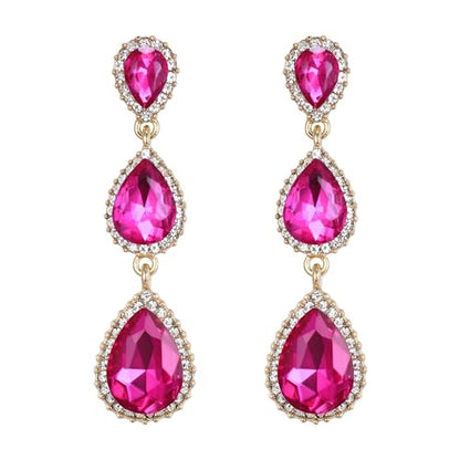 EleQueen Women's Crystal Teardrop Pear Shape 2.5 Inch Long Earrings | Dangle Earrings for Women, TearDrop Crystals Earrings for Bride Bridesmaid, Prom Jewelry for Wedding - color: Hot Pink Gold-Tone