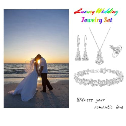 LMXXVJ Jewelry Set for Women,Teardrop Cubic Zirconia Necklace Earrings Adjustable Ring Bracelet Jewelry Set Formal Jewelry Gift - color: SYSD-White Gold-White