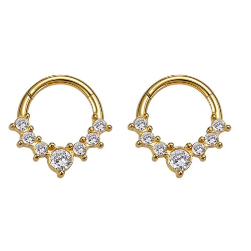 Cubic Zirconia Septum Nose Hoop Ring | 316L Stainless Steel,Round Rhinestone,Cartilage Huggie Earring,16G,8mm Piercing Jewelry,for Women Men - color: Gold