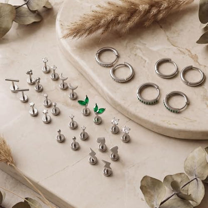Stainless Steel Stud Earrings Set for Women Hypoallergenic Flat Back Cartilage Earrings Screw Back Huggie Hoop Earrings Multiple Piercing Cubic Zirconia Helix Tragus Jewelry - color: Set-D-Silver