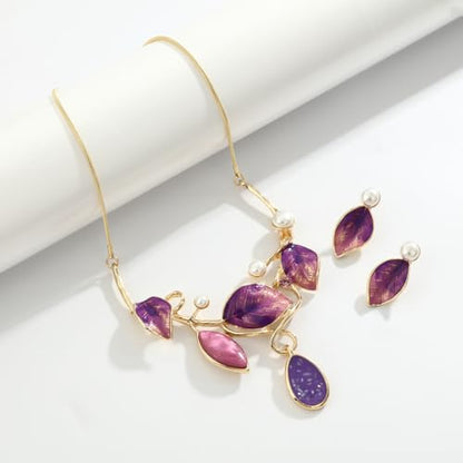 Vintage Statement Jewelry Set - Chunky Flower Floral Plant Geometric Resin Bib Necklace Earring Set Bohemian Boho Crystal Rhinestone Fashion Jewelry for Women Bridal Party Prom Unique Gift - style: MLJS2609-Purple