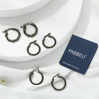 PABBEU 925 Sterling Silver Small Hoop Earrings Set for Women Hypoallergenic | 3Pairs Cubic Zirconia Small Huggie Hoop Earrings Set 13/15/20mm,Nickel-Free Lightweight Comfortable Sleeper Earrings Gift Set - color: 13/15/20mm HMT Black