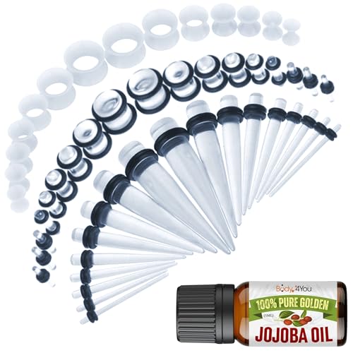 BodyJ4You 54PC Ear Stretching Kit 14G-12mm - Aftercare Jojoba Oil - Acrylic Plugs Gauge Tapers Silicone Tunnels - Lightweight Expanders Men Women - color: Clear