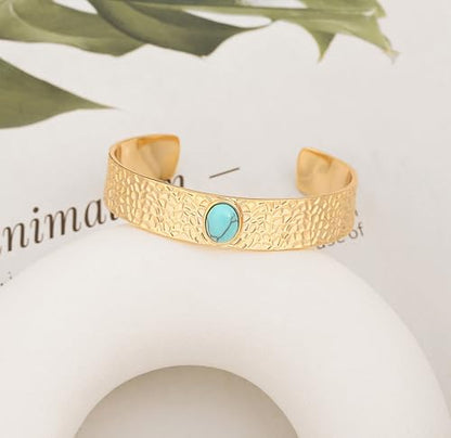 PERNNLA PEARL Dainty Gold Bar Bracelet for Women Simple Delicate Thin Cuff Bangle Hook Bracelet 18K Gold Plated Handmade Minimalist Jewelry - color: Synthetic Turquoise