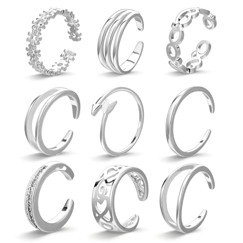 9PCS Toe Rings Non Tarnish, Silver Toe Rings for Women Summer | Simple Open Adjustable Toe Ring Set for Summer Beach Foot Jewelry