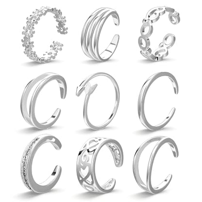 9PCS Toe Rings Non Tarnish, Silver Toe Rings for Women Summer | Simple Open Adjustable Toe Ring Set for Summer Beach Foot Jewelry