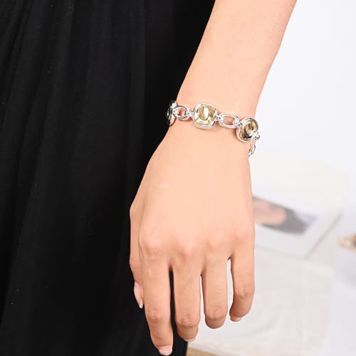 14K Gold & Silver Plated Lightweight Link Bracelet for Women | Stackable Bracelets ,14K Gold Plated Bracelets with CZ,Lightweight Trendy Chain Bracelet Jewelry Gift - style: round&silver chain