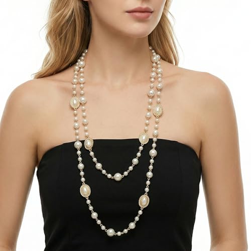 Long Pearl Necklace for Women, Layered Faux Pearl Station Necklace, Gold Tone Double Strand for Wedding Guest Looks and Evening Styling - color: Golden oval beads