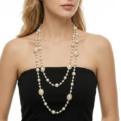 Long Pearl Necklace for Women, Layered Faux Pearl Station Necklace, Gold Tone Double Strand for Wedding Guest Looks and Evening Styling - color: Golden oval beads