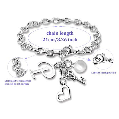 Initial A-Z Bracelets Gift for Women Girls Stainless Steel Chain Bracelet 26 Alphabet Jewelry Gifts for Birthday Anniversary Letter Bracelet Monogram Gifts for Sister Friend Girlfriends Mom 8.26 Inch - color: P