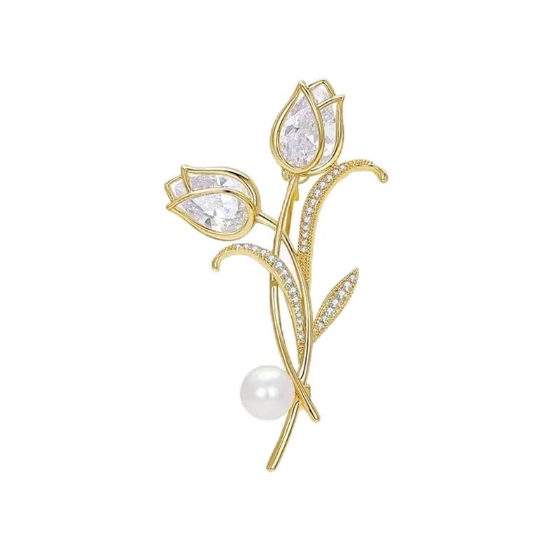 Rhinestone Tulip Brooch Pin for Women Fashion Elegant Botanical Flower Vintage Brooch Lapel Pin Delicate Pink Tulip brooch Wedding Banquet Gift - style: White