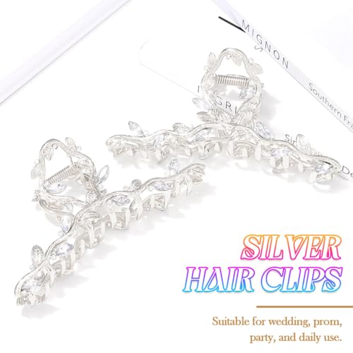 CAKURE Silver Hair Clips Rhinestone Claw Clip Large Fancy Hair Clip Claw Bride Wedding Hair Accessories for Women (Pack of 2) (c-silver) - color: c-silver