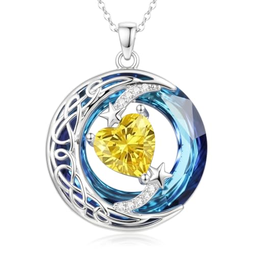 Birthstone Necklace for Women Crystal Moon and Star Pendant White Gold Celtic Moon Jewelry Birthday Graduation Gifts for Wife Her - style: Moon-11