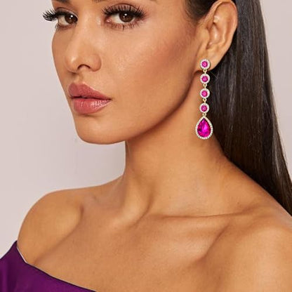 EleQueen Women's Wedding Crystal Teardrop Pear Shape 3 Inch Clip on Long Dangle Earrings for Bride Bridesmaid, Jewelry for Party Prom/Anniversary - color: Hot Pink Gold-Tone