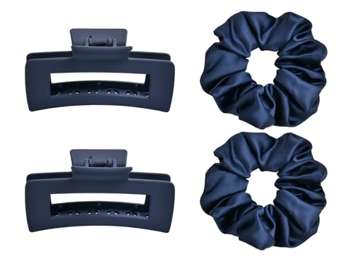 Claw Clips and Scrunchies Set 4pcs – 2 Medium Hair Clips, 2 Satin Scrunchies, Non-Slip Matte Square Hair Claws, Hair Accessories for Back to School, Birthday Gift, Daily Use, Navy Blue - color: Navy Blue