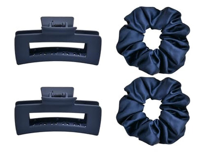 Claw Clips and Scrunchies Set 4pcs – 2 Medium Hair Clips, 2 Satin Scrunchies, Non-Slip Matte Square Hair Claws, Hair Accessories for Back to School, Birthday Gift, Daily Use, Navy Blue - color: Navy Blue