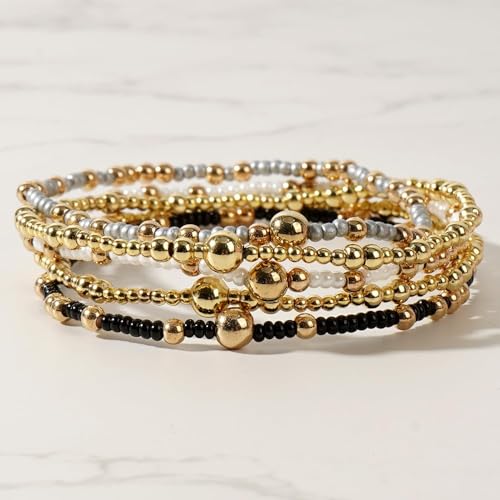 Stack Small Seed Bead Bracelets Set for Women, Boho Handmade Colorful Stretch Accessories Jewelry, Summer Beach Daily Wear Holiday Friendship Gift - color: Black