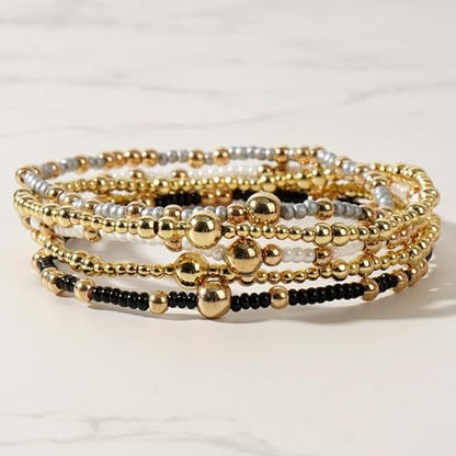 Stack Small Seed Bead Bracelets Set for Women, Boho Handmade Colorful Stretch Accessories Jewelry, Summer Beach Daily Wear Holiday Friendship Gift - color: Black
