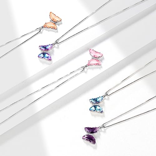 Aurora Tears Butterfly Necklace Earrings Ring Bracelet - Women 925 Sterling Silver Animal Butterflies Birthstone Pendant Crystal Wedding Birthday Jewelry - color: pendant-B.February-purple