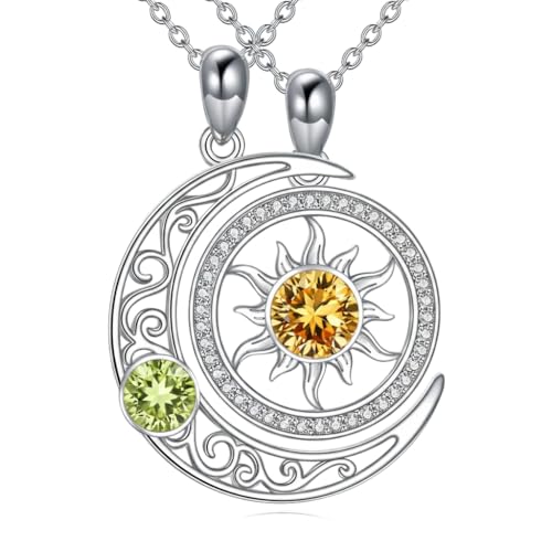 Couples Necklace for 2 Sun and Moon Pendant Matching Jewelry Anniversary Birthday Gifts for Couples BFF - color: August&November