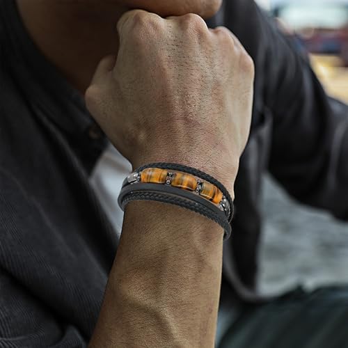 Mens Tiger Eye Leather Bracelet, Natural Tiger Eye Stone Multi-Layer Braided Cuff Bracelets for Men, Stainless Steel with Buckle Memorial Bangle Gifts for Him - color: Black3