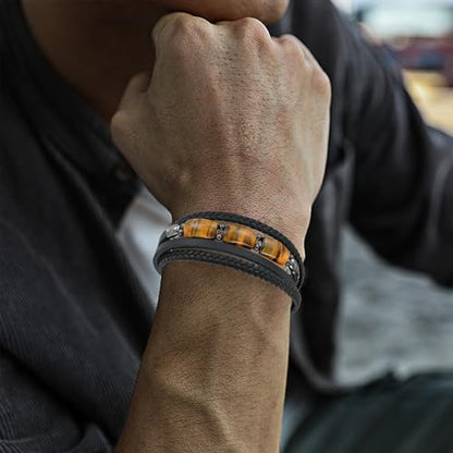 Mens Tiger Eye Leather Bracelet, Natural Tiger Eye Stone Multi-Layer Braided Cuff Bracelets for Men, Stainless Steel with Buckle Memorial Bangle Gifts for Him - color: Black3