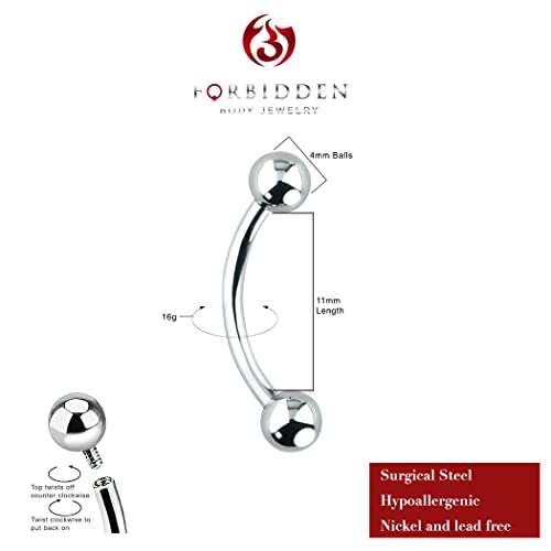 Forbidden Body Jewelry Curved Barbell Piercing Jewelry - 00GA-16GA Silver Eyebrow Piercing - Surgical Steel Snake Eye Frog Eyes Tongue Rings & Belly Rings for Women (6/14mm Bar, 3/12mm Balls) - style: 16GA, 11mm Length, 4mm Balls