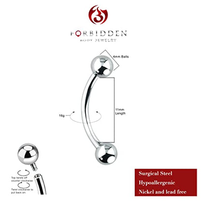 Forbidden Body Jewelry Curved Barbell Piercing Jewelry - 00GA-16GA Silver Eyebrow Piercing - Surgical Steel Snake Eye Frog Eyes Tongue Rings & Belly Rings for Women (6/14mm Bar, 3/12mm Balls) - style: 16GA, 11mm Length, 4mm Balls