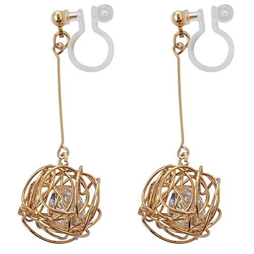 Drop Cubic Zirconia Invisible Clip On Earrings for Women Not Pierced Gold Teardrop Sqaure CZ Crystal Dangle Gold Silver Comfortable Clip On Earrings Bridal Wedding Prom - color: Mesh Ball