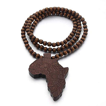 COLORFUL BLING Multicolor 8MM Wooden Bead Chain African Hip-hop Africa Map Pendant Necklace for Men Boys Natural Wood Jewelry - color: style2 brown
