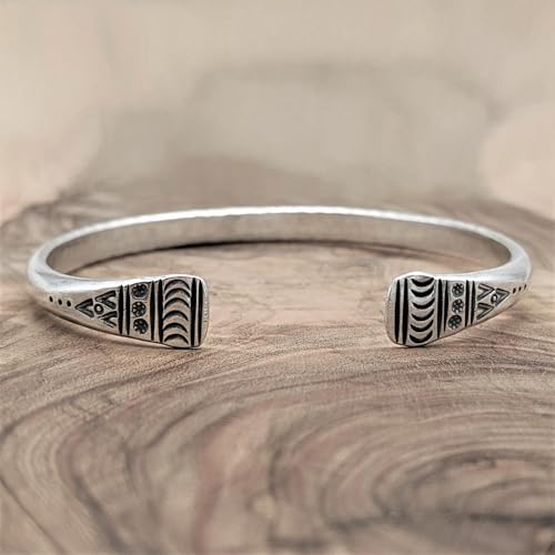 81stgeneration Karen Hill Tribe Silver Engraved Pattern Torque Bangle - Adjustable Boho Bracelet for Women and Men - Bohemian Style Jewelry - Heavy Cuff Design