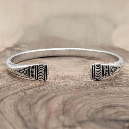 81stgeneration Karen Hill Tribe Silver Engraved Pattern Torque Bangle - Adjustable Boho Bracelet for Women and Men - Bohemian Style Jewelry - Heavy Cuff Design
