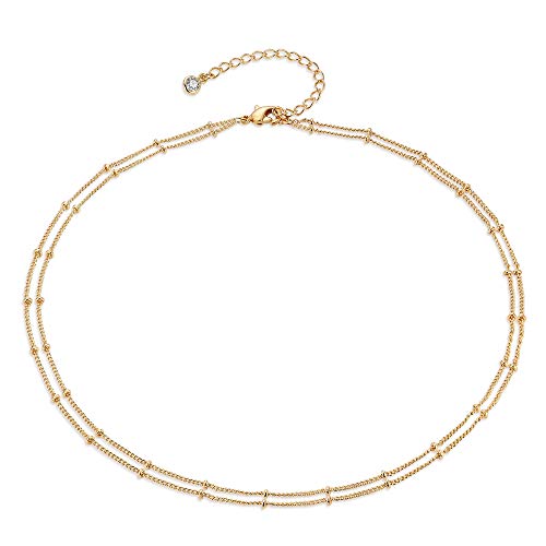 MEVECCO Dainty Choker Necklaces for Women, Beaded and Multi-Row Chains | 14K Gold Plated Brass, Select Silver Plated Brass Options, Polished And Textured Profiles For Everyday Styling - style: Two Layered Bead Chain GD