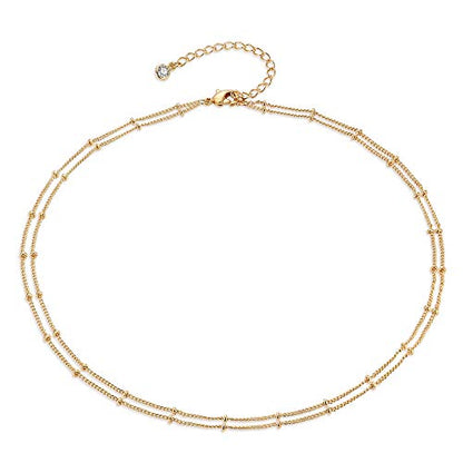 MEVECCO Dainty Choker Necklaces for Women, Beaded and Multi-Row Chains | 14K Gold Plated Brass, Select Silver Plated Brass Options, Polished And Textured Profiles For Everyday Styling - style: Two Layered Bead Chain GD
