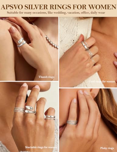 Apsvo Gold Rings for Women Non Tarnish, 6Pcs 14K Gold Plated Stackable Chunky Rings Set Trendy Statement Wedding Bands Pinky Thumb Rings Stacking Size 5-10 - color: Silver