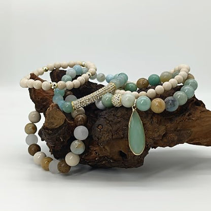 Yomisa Boho Beaded Bracelets/Bangle for Women,Multilayer 5/6/7PCS Healing Natural Handmade Stone Bead Bracelets Stackable Stretch Friendship Beaded Bracelet Set Trendy Western Bohemian Jewelry Gift - color: 5pcs-Beige&green