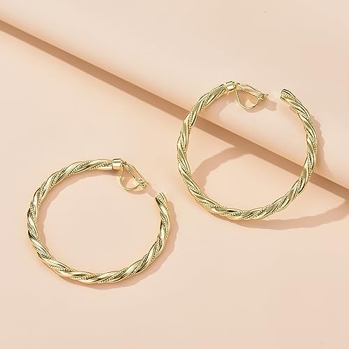 YOQUCOL 5CM(2.0IN) Golden Swingable Clip On Hoop Earrings for Women Non Pierced Ears Hoop Earrings - color: C