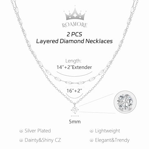 Layered Choker Necklace for Women Stackable Chain Dainty Zircon Pendant Set | 2PCS, Silver/14K Gold Plated, Box/Ball/Rope/Lip chain, Layering Diamond Cut CZ Pendant, Dainty Thin Chain, Trendy Prom Gift - color: Silver, style: Style 04