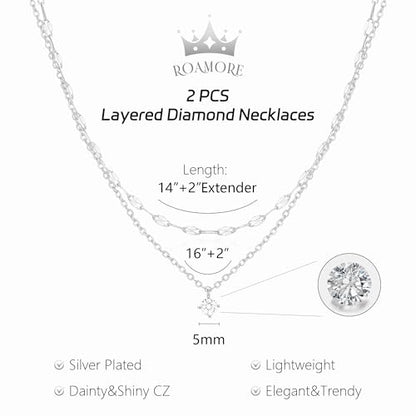 Layered Choker Necklace for Women Stackable Chain Dainty Zircon Pendant Set | 2PCS, Silver/14K Gold Plated, Box/Ball/Rope/Lip chain, Layering Diamond Cut CZ Pendant, Dainty Thin Chain, Trendy Prom Gift - color: Silver, style: Style 04