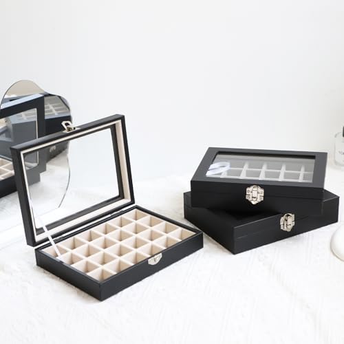 Wudygirl 24 Grid Earring Organizer Small Jewelry Box with Lid Black | Ring Box with Adjustable Dividers, Velvet Lining, Ideal for Rings, Earrings, Jewelry Display, Gift Giving - style: Black 24 Grid